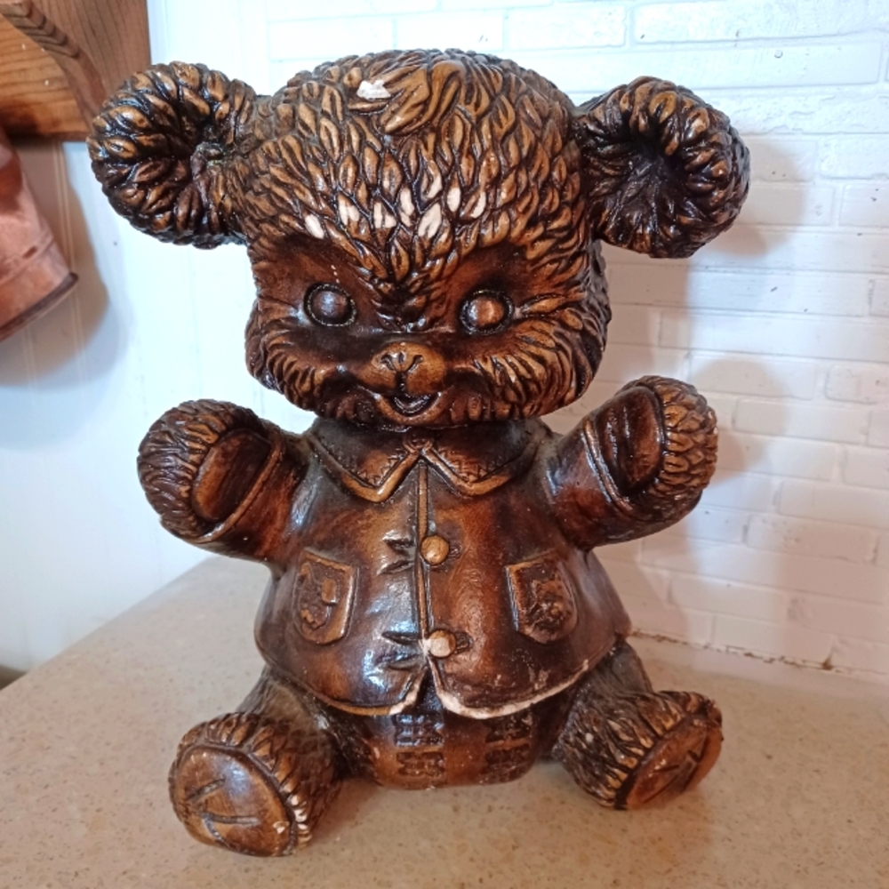 Vintage Large Rare Chalkware Dark Brown Bear Bank 1950's Embossed Mexico MCM